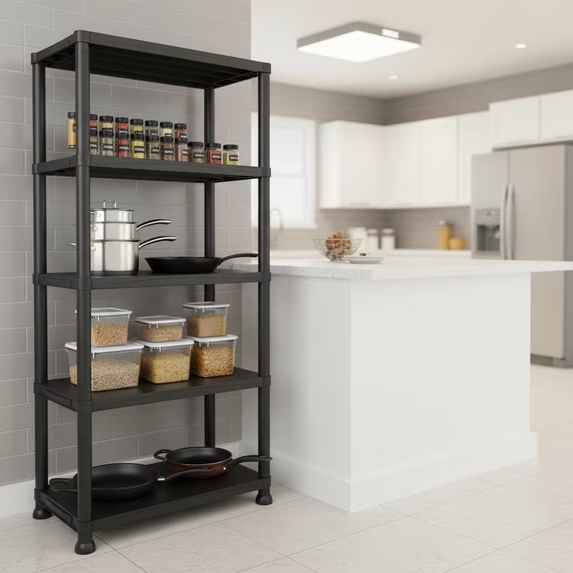 ZEUKMXOO 70″ 5-Tier Plastic Shelving Unit Heavy Duty Shelf , Black Storage Rack Freestanding Garage Storage Shelves for Closet, Pantry, Basement