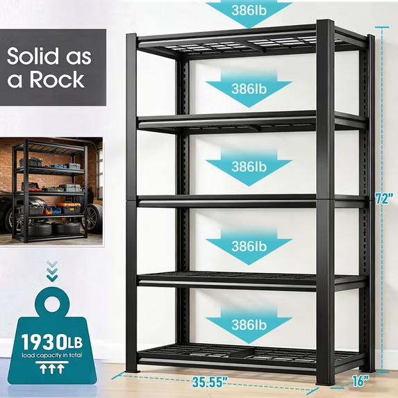 ZEUKMXOO 5-Tier Heavy Duty Garage Shelving, 72"Hx35.5"Wx15.8"D Adjustable Metal Wire Industrial Rack, Black Powder Coated Steel Storage Shelves for Warehouse Basement Pantry