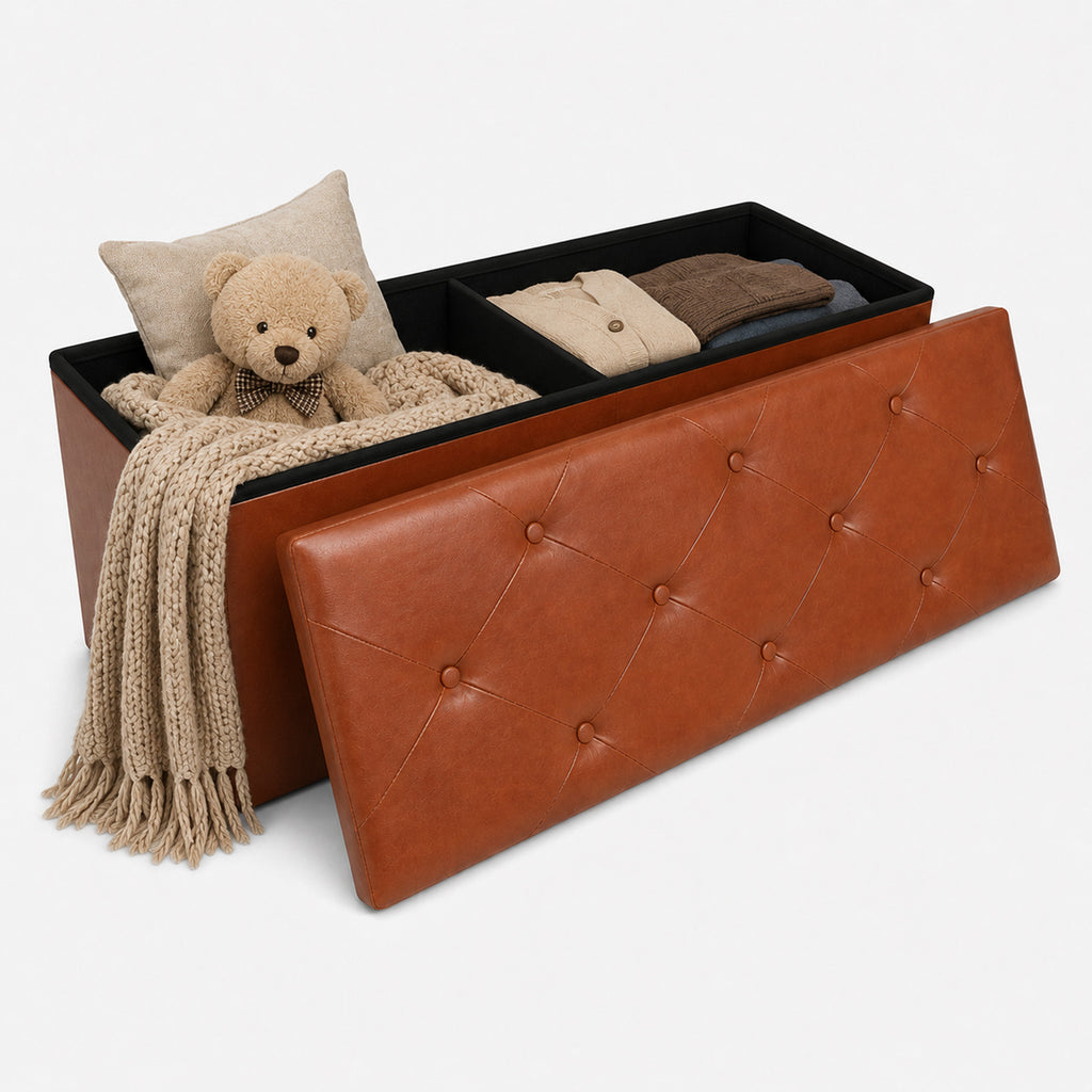 Nnovaroom-Brown Faux Leather Storage Ottoman Bench with Hidden Storage