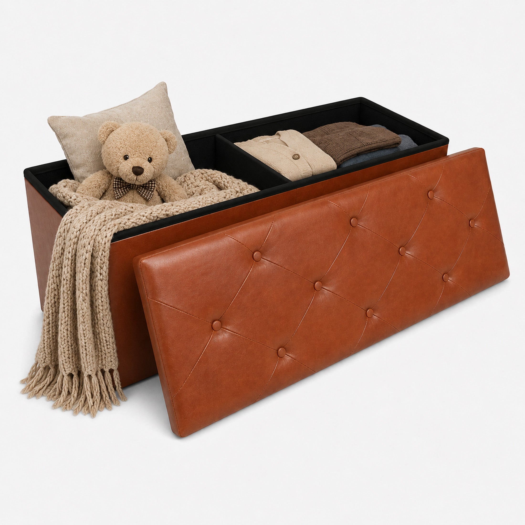 Nnovaroom-Brown Faux Leather Storage Ottoman Bench with Hidden Storage