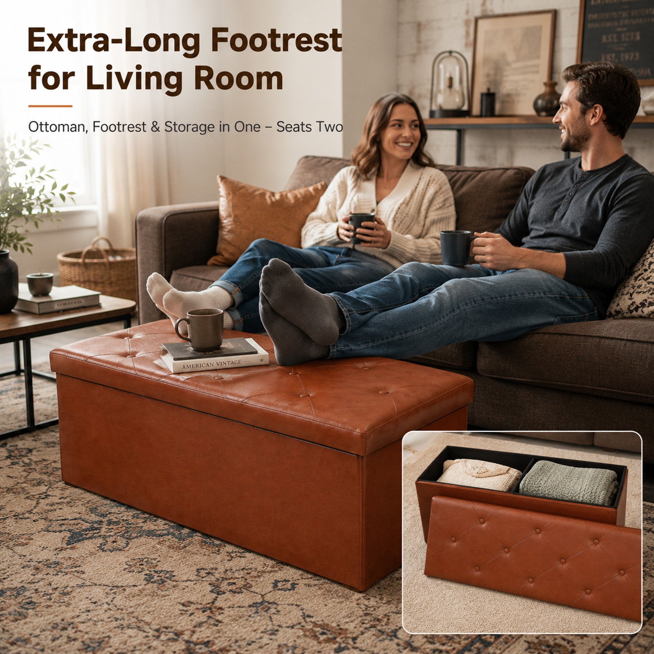 Nnovaroom-Brown Faux Leather Storage Ottoman Bench with Hidden Storage