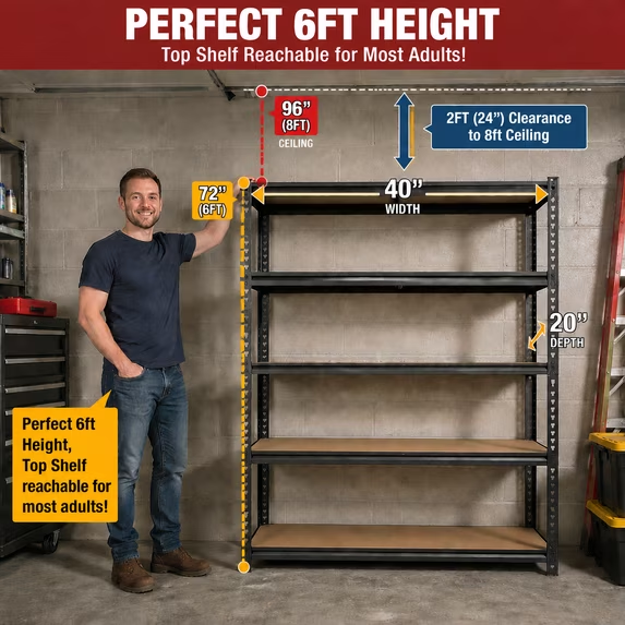 ZEUKMXOO Garage Storage Shelving, 40"W Heavy Duty Shelves, 72"H Adjustable 5-Tier Metal Shelving Unit, 2400Lbs Storage Rack for Garage, Basment, Warehouse, Kitchen