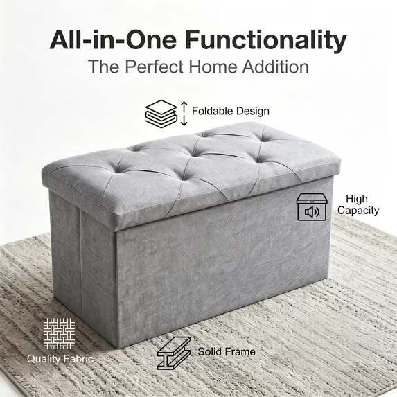 ZEUKMXOO Storage Ottoman Bench, Entryway Shoe Bench with Cushion, Ottoman with Storage for Living Room, 30"x15"x15" Grey Bedroom Bench