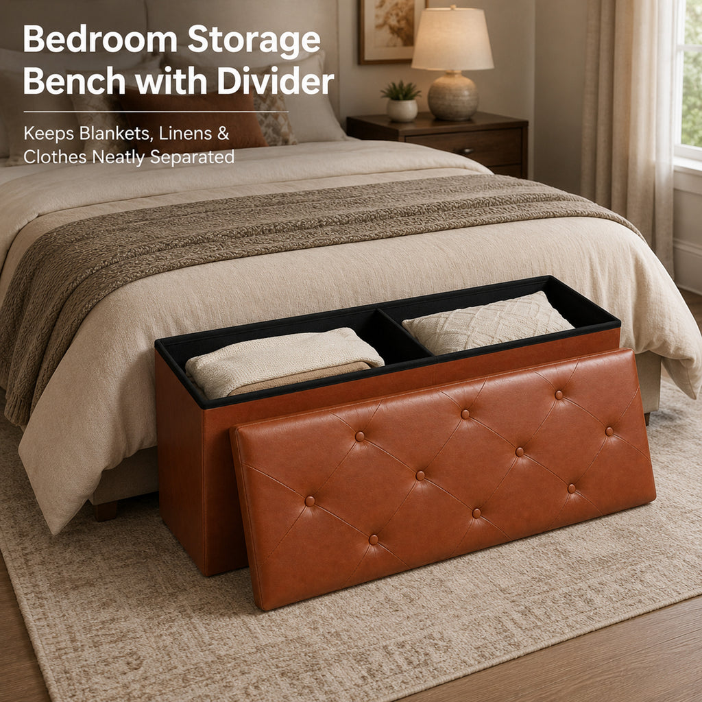 Nnovaroom-Brown Faux Leather Storage Ottoman Bench with Hidden Storage