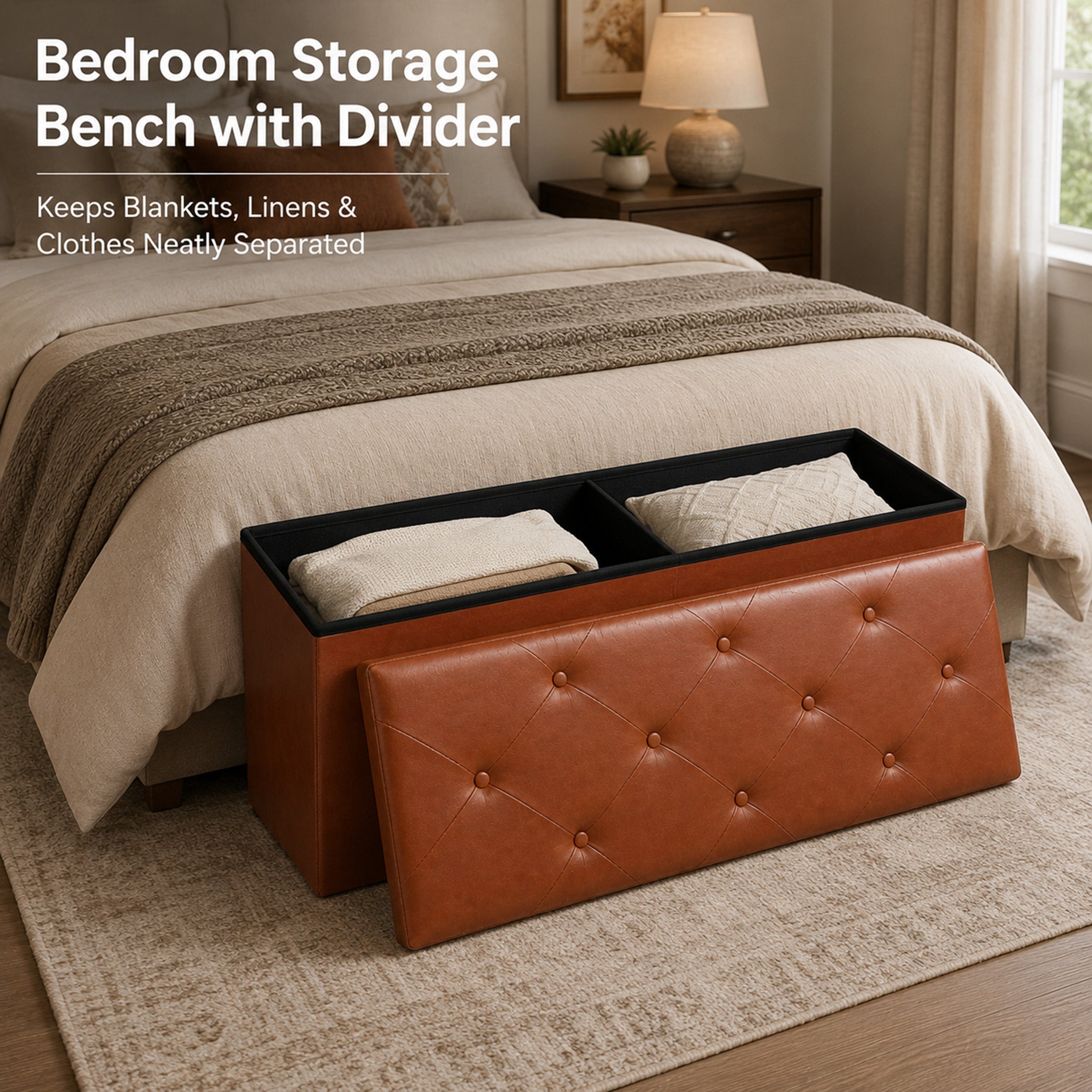 Nnovaroom-Brown Faux Leather Storage Ottoman Bench with Hidden Storage