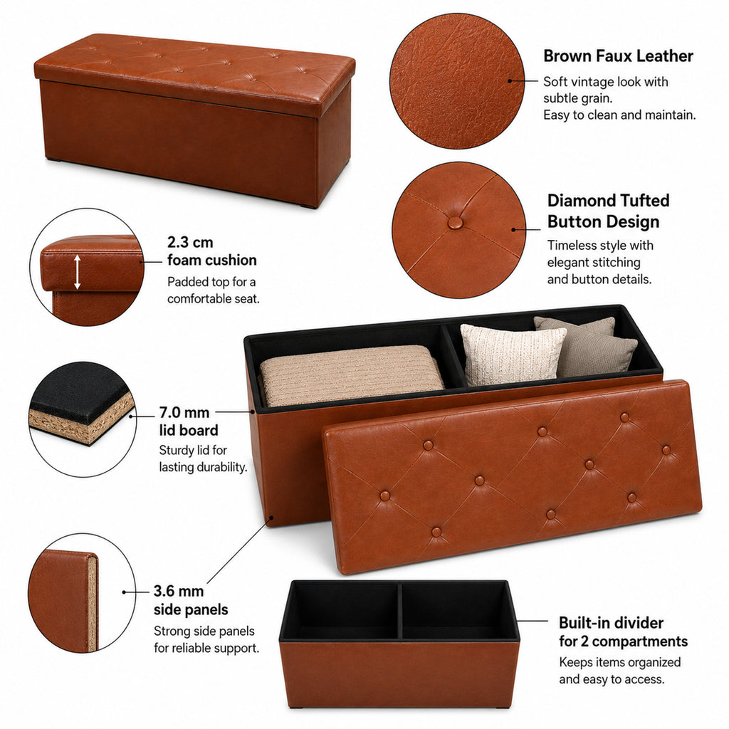 Nnovaroom-Brown Faux Leather Storage Ottoman Bench with Hidden Storage