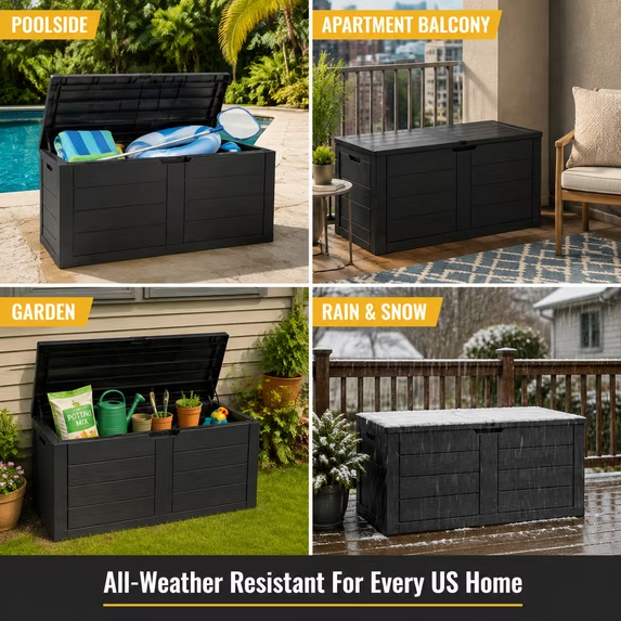 ZEUKMXOO 70 Gallon Deck Box - Waterproof Outdoor Patio Storage Box for Cushions, Pool Gear & Garden Tools, Black