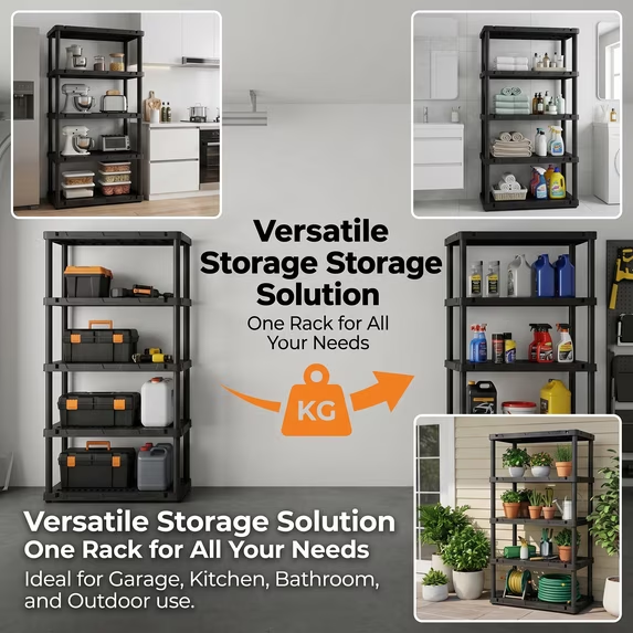 ZEUKMXOO Heavy Duty Rustproof Plastic Shelving Unit, 5-Tier Waterproof Storage Rack, 72.44" Adjustable Utility Shelves for Garage, Basement, Kitchen & Bathroom