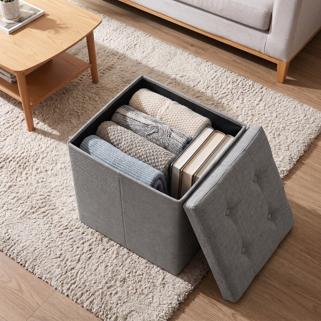 ZEUKMXOO 15" Small Storage Ottoman with Storage, Grey Ottoman Bench for Living Room, Bedroom, Entryway Space-Saving Ottomans with Storage Cube, Upholstered Foot Stool with Storage
