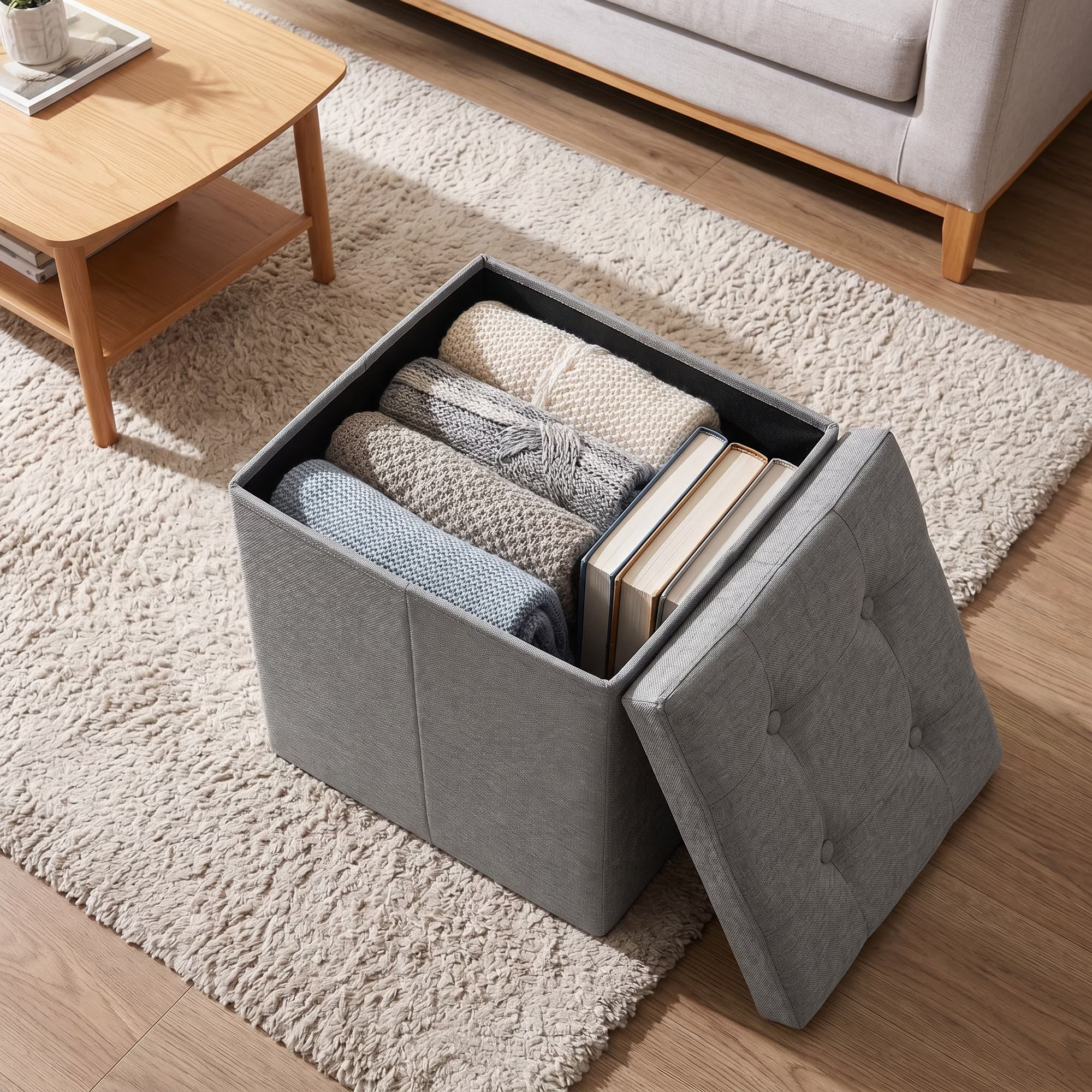 ZEUKMXOO 15" Small Storage Ottoman with Storage, Grey Ottoman Bench for Living Room, Bedroom, Entryway Space-Saving Ottomans with Storage Cube, Upholstered Foot Stool with Storage