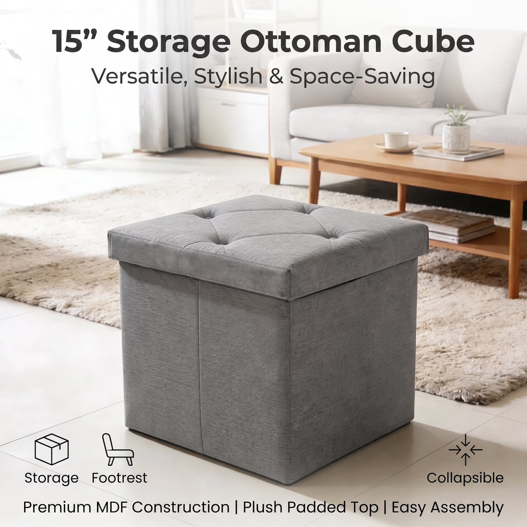 ZEUKMXOO 15" Small Storage Ottoman with Storage, Grey Ottoman Bench for Living Room, Bedroom, Entryway Space-Saving Ottomans with Storage Cube, Upholstered Foot Stool with Storage