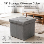ZEUKMXOO 15" Small Storage Ottoman with Storage, Grey Ottoman Bench for Living Room, Bedroom, Entryway Space-Saving Ottomans with Storage Cube, Upholstered Foot Stool with Storage