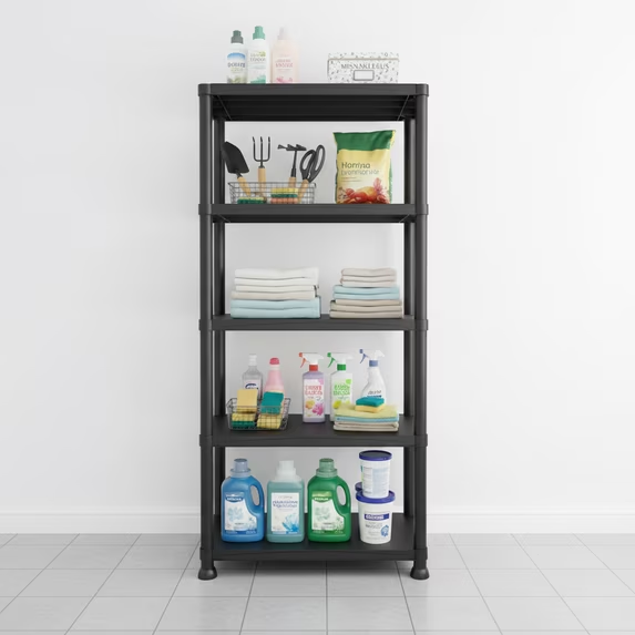 ZEUKMXOO 70″ 5-Tier Plastic Shelving Unit Heavy Duty Shelf , Black Storage Rack Freestanding Garage Storage Shelves for Closet, Pantry, Basement