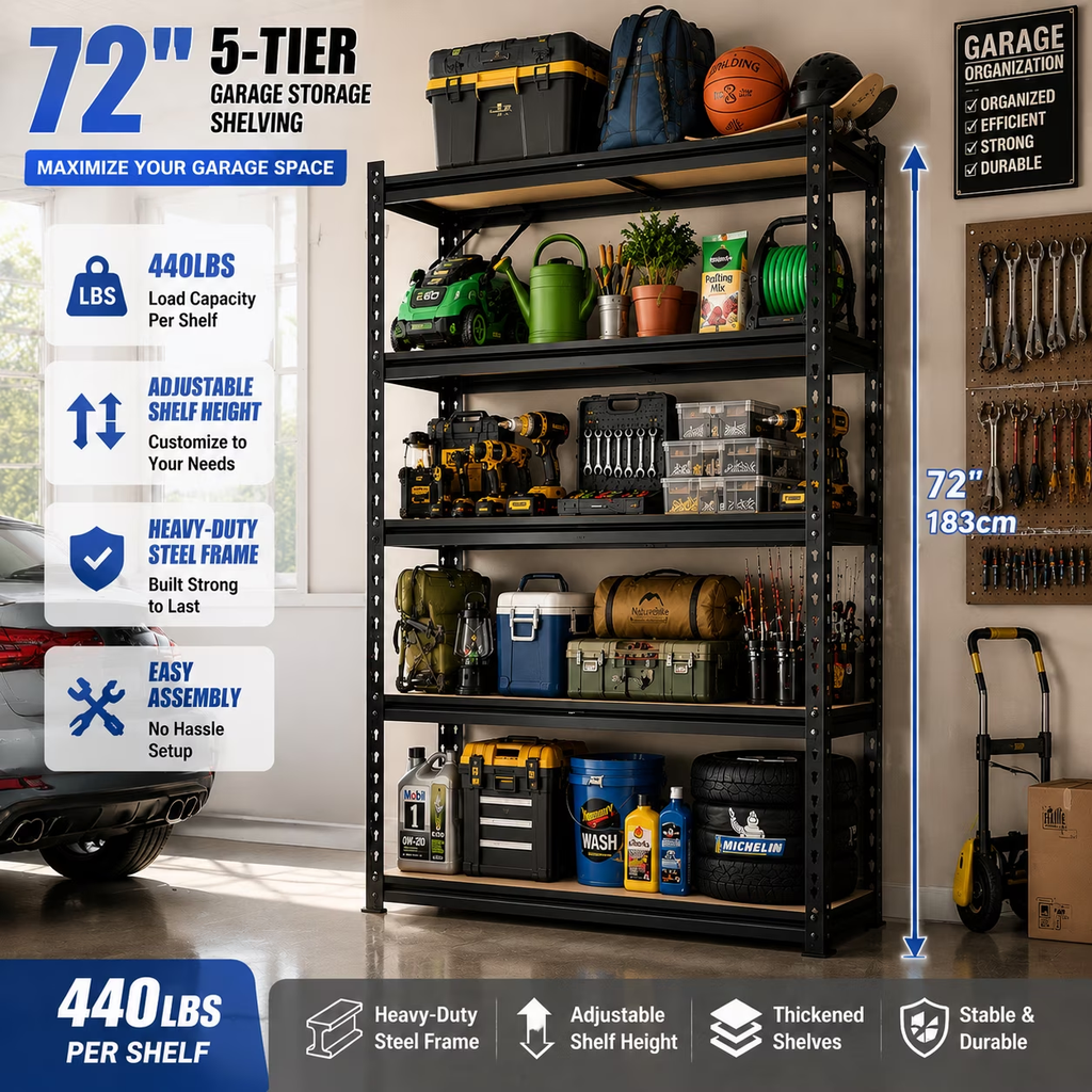 ZEUKMXOO Heavy Duty Garage Shelving Unit - 72In Adjustable Storage Shelves, 5-Tier Shelf Rack organizer for Storage and Organization