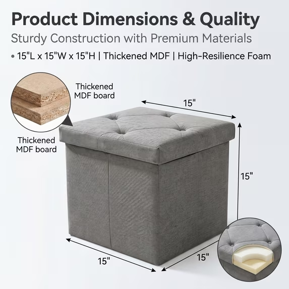 ZEUKMXOO 15" Small Storage Ottoman with Storage, Grey Ottoman Bench for Living Room, Bedroom, Entryway Space-Saving Ottomans with Storage Cube, Upholstered Foot Stool with Storage