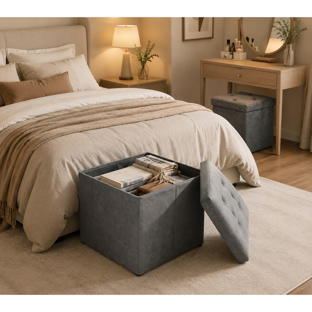 ZEUKMXOO 15" Small Storage Ottoman with Storage, Grey Ottoman Bench for Living Room, Bedroom, Entryway Space-Saving Ottomans with Storage Cube, Upholstered Foot Stool with Storage