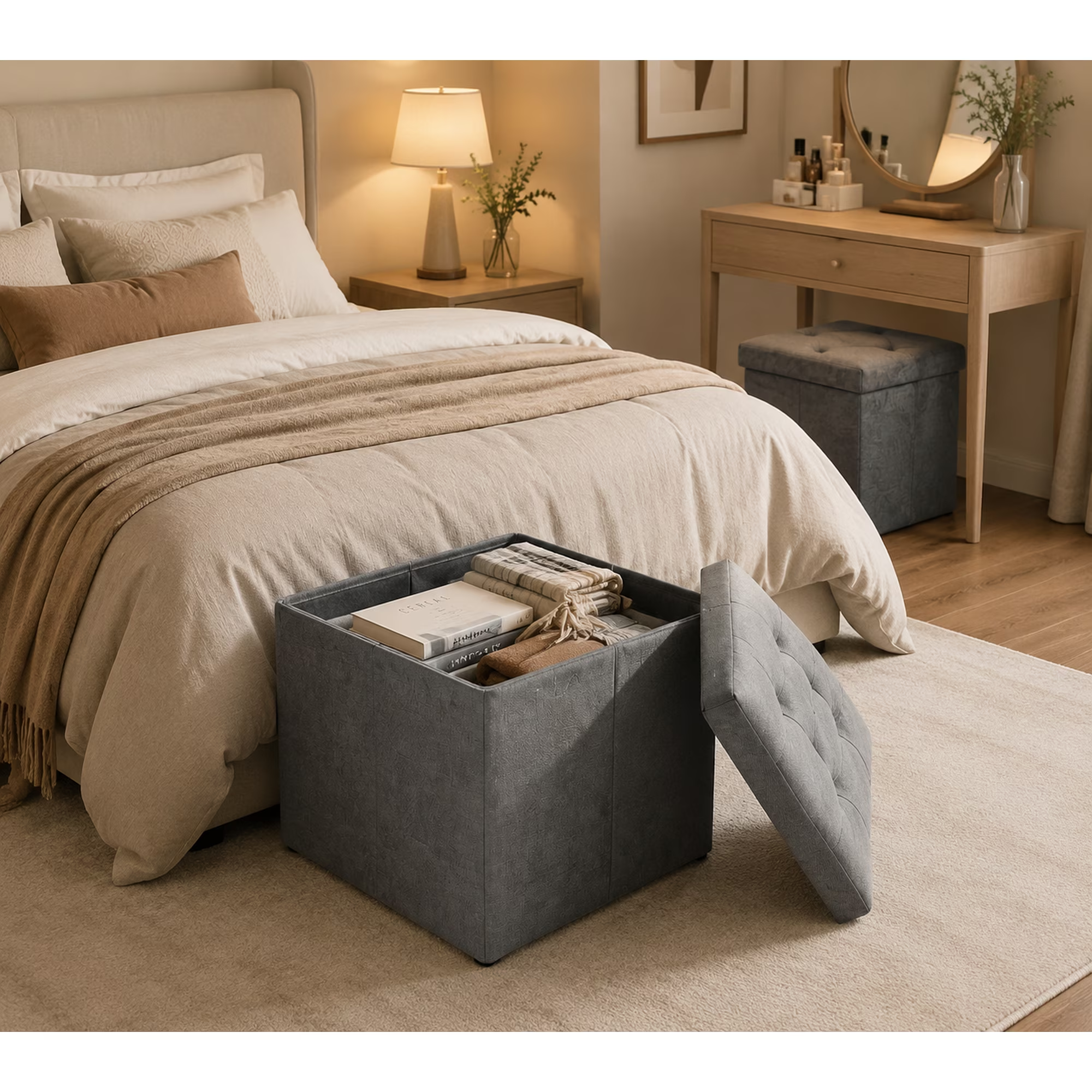 ZEUKMXOO 15" Small Storage Ottoman with Storage, Grey Ottoman Bench for Living Room, Bedroom, Entryway Space-Saving Ottomans with Storage Cube, Upholstered Foot Stool with Storage