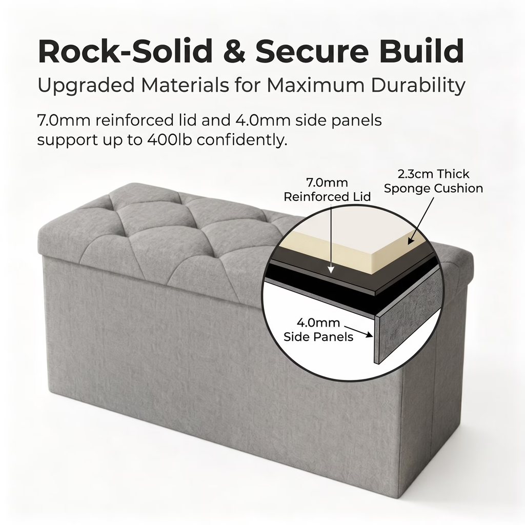ZEUKMXOO 43" Folding Storage Ottoman Bench with Thicker Seat, Ottoman Foot Rest & Storage Chest, for Bedroom Living Room Entryway, Storage for Blankets, Support 400lb Capacity, Grey