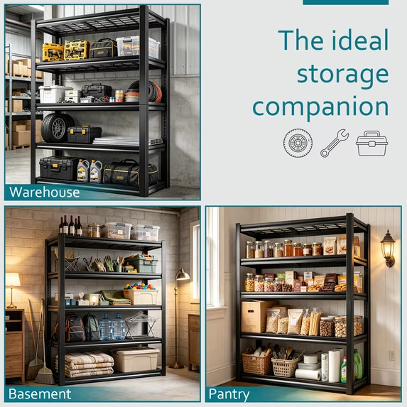ZEUKMXOO 5-Tier Heavy Duty Garage Shelving, 72"Hx35.5"Wx15.8"D Adjustable Metal Wire Industrial Rack, Black Powder Coated Steel Storage Shelves for Warehouse Basement Pantry