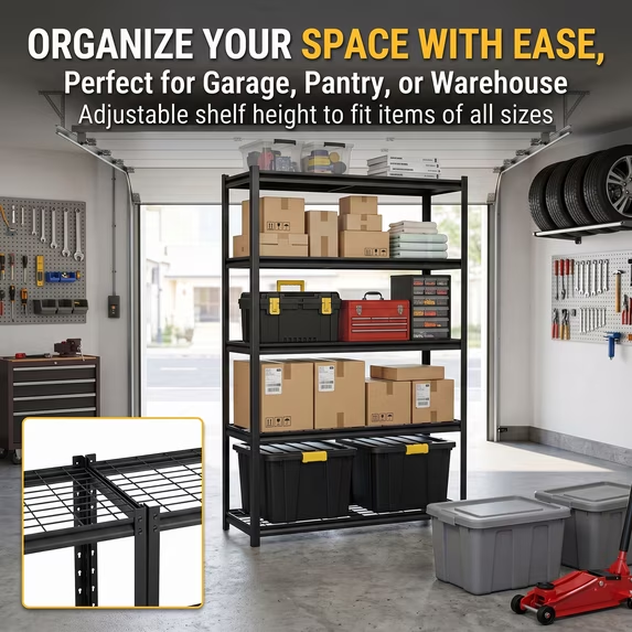 ZEUKMXOO 5-Tier Heavy Duty Garage Shelving, 72"Hx35.5"Wx15.8"D Adjustable Metal Wire Industrial Rack, Black Powder Coated Steel Storage Shelves for Warehouse Basement Pantry