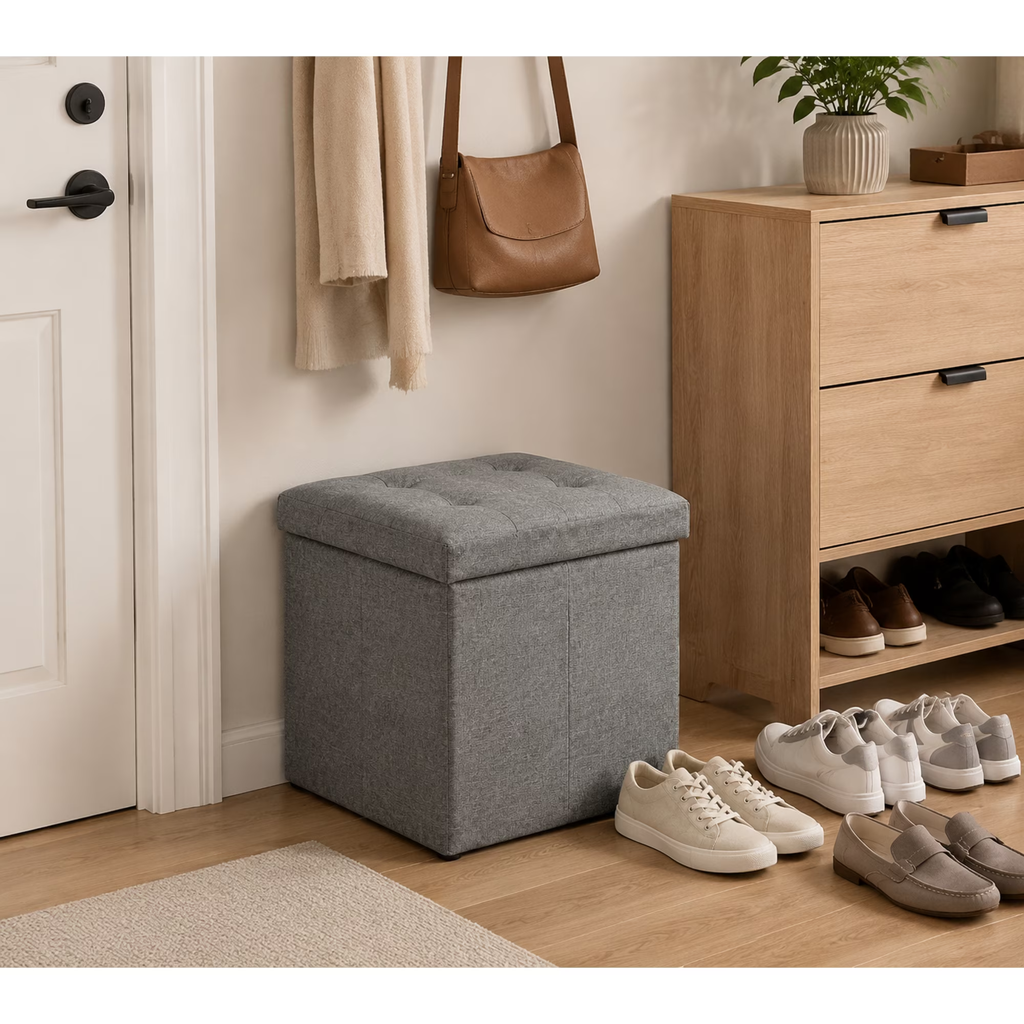 ZEUKMXOO 15" Small Storage Ottoman with Storage, Grey Ottoman Bench for Living Room, Bedroom, Entryway Space-Saving Ottomans with Storage Cube, Upholstered Foot Stool with Storage