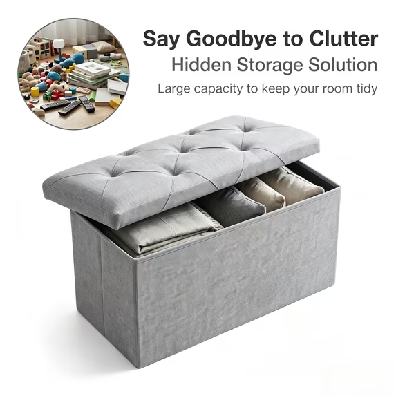ZEUKMXOO Storage Ottoman Bench, Entryway Shoe Bench with Cushion, Ottoman with Storage for Living Room, 30"x15"x15" Grey Bedroom Bench