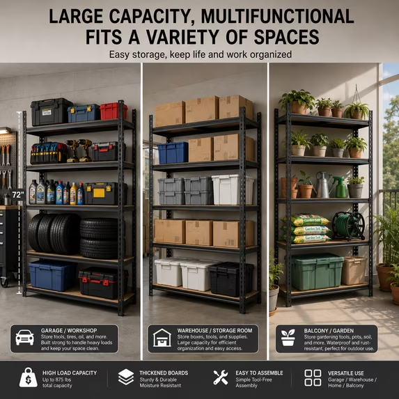 ZEUKMXOO 2250LBS Garage Shelving Unit, 5-Tier Adjustable Metal Storage Shelves, Heavy Duty Shelf Rack for Basement, Garage, Pantry, Warehouse, Kitchen （72" H*36" W*16" D）