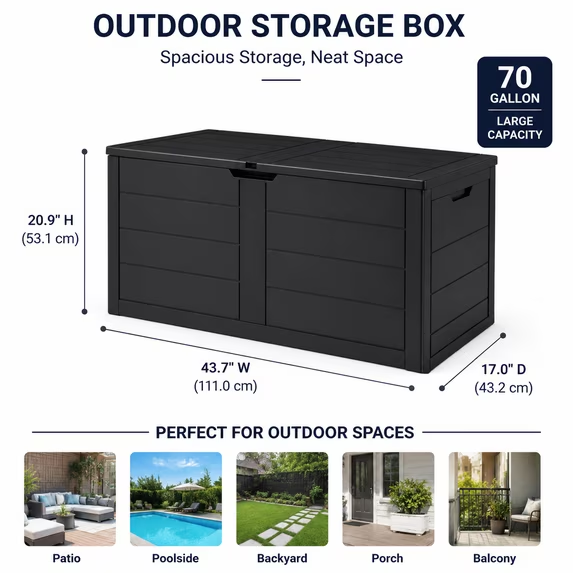 ZEUKMXOO 70 Gallon Deck Box - Waterproof Outdoor Patio Storage Box for Cushions, Pool Gear & Garden Tools, Black