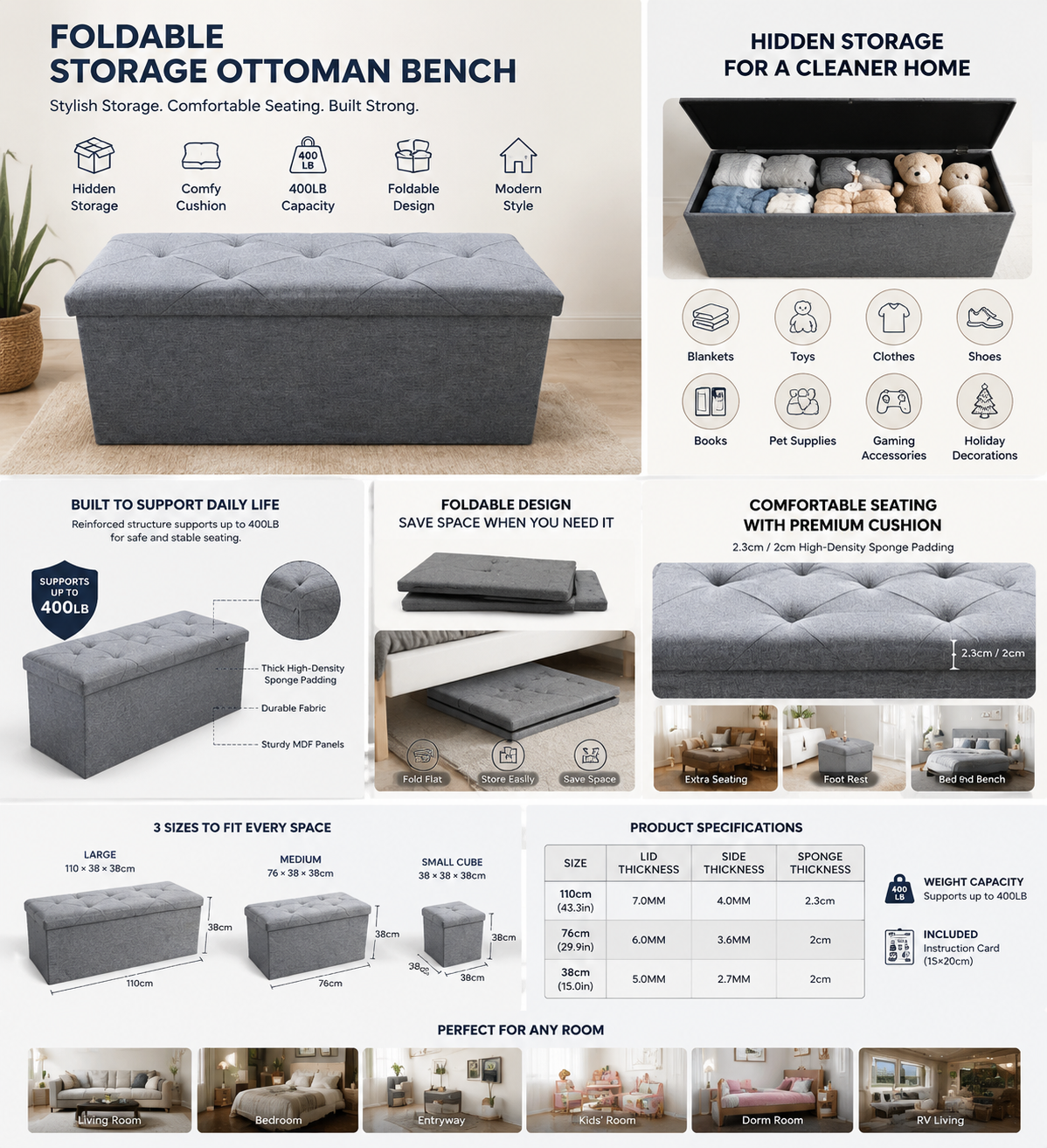Foldable Storage Ottoman Bench — Style Meets Function