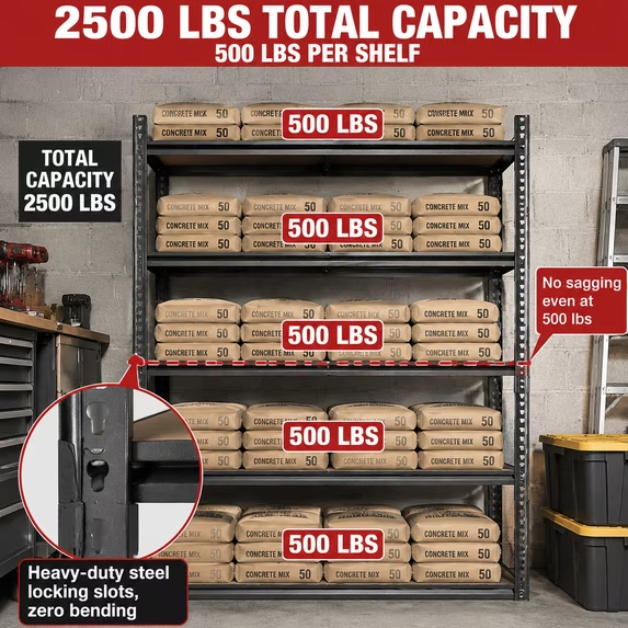 ZEUKMXOO Garage Storage Shelving, 40"W Heavy Duty Shelves, 72"H Adjustable 5-Tier Metal Shelving Unit, 2400Lbs Storage Rack for Garage, Basment, Warehouse, Kitchen