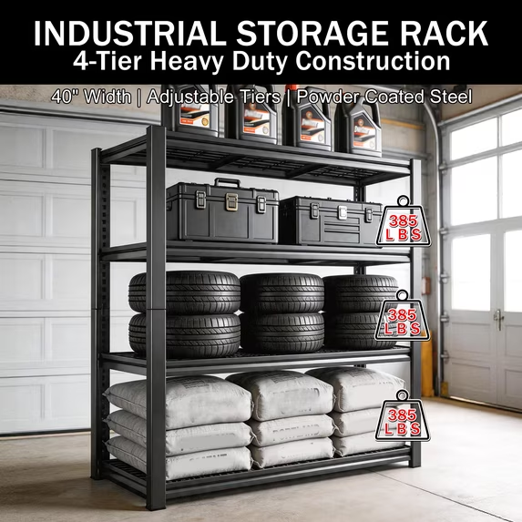 ZEUKMXOO 40"W 4-Tier Wire Shelving Unit, Adjustable Heavy Duty Garage Storage Rack, Powder Coated Wire Shelves for Basement, Industrial, Warehouse, Kitchen