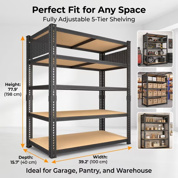 ZEUKMXOO 78"H Heavy Duty Storage Shelves, 5-Tier Adjustable Garage Shelving Unit with Dual-Sided Pegboard, Industrial Metal Rack for Warehouse, Basement, Kitchen & Pantry Organization