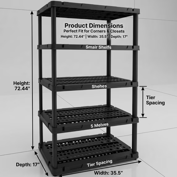 ZEUKMXOO Heavy Duty Rustproof Plastic Shelving Unit, 5-Tier Waterproof Storage Rack, 72.44" Adjustable Utility Shelves for Garage, Basement, Kitchen & Bathroom