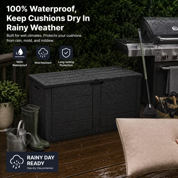 ZEUKMXOO 70 Gallon Deck Box - Waterproof Outdoor Patio Storage Box for Cushions, Pool Gear & Garden Tools, Black