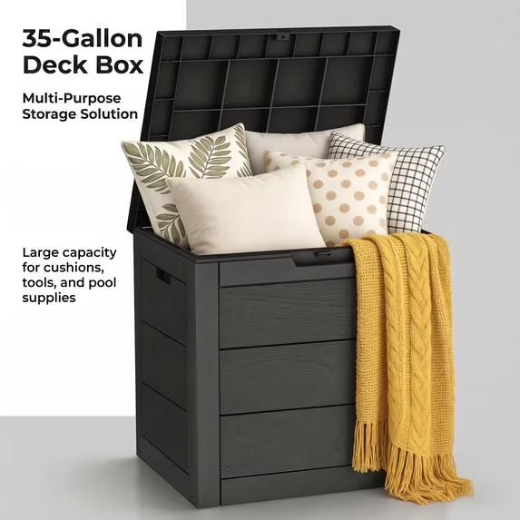 ZEUKMXOO 35 Gallon Waterproof Outdoor Deck Box, UV-Resistant Storage Chest for Patio Cushions, Pillows & Package Deliveries, All Weather for Garden, Porch and Indoor, Black