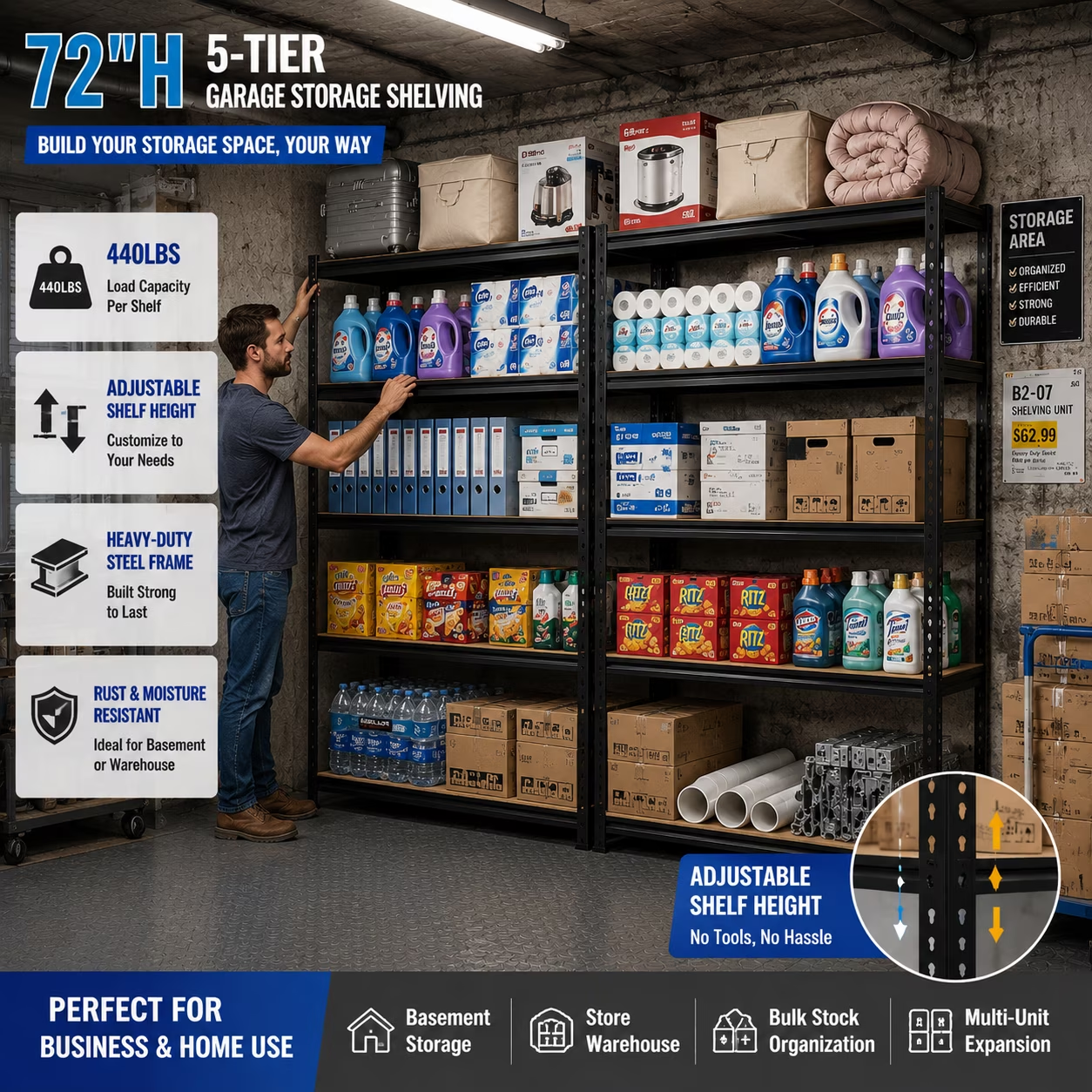 ZEUKMXOO Heavy Duty Garage Shelving Unit - 72In Adjustable Storage Shelves, 5-Tier Shelf Rack organizer for Storage and Organization