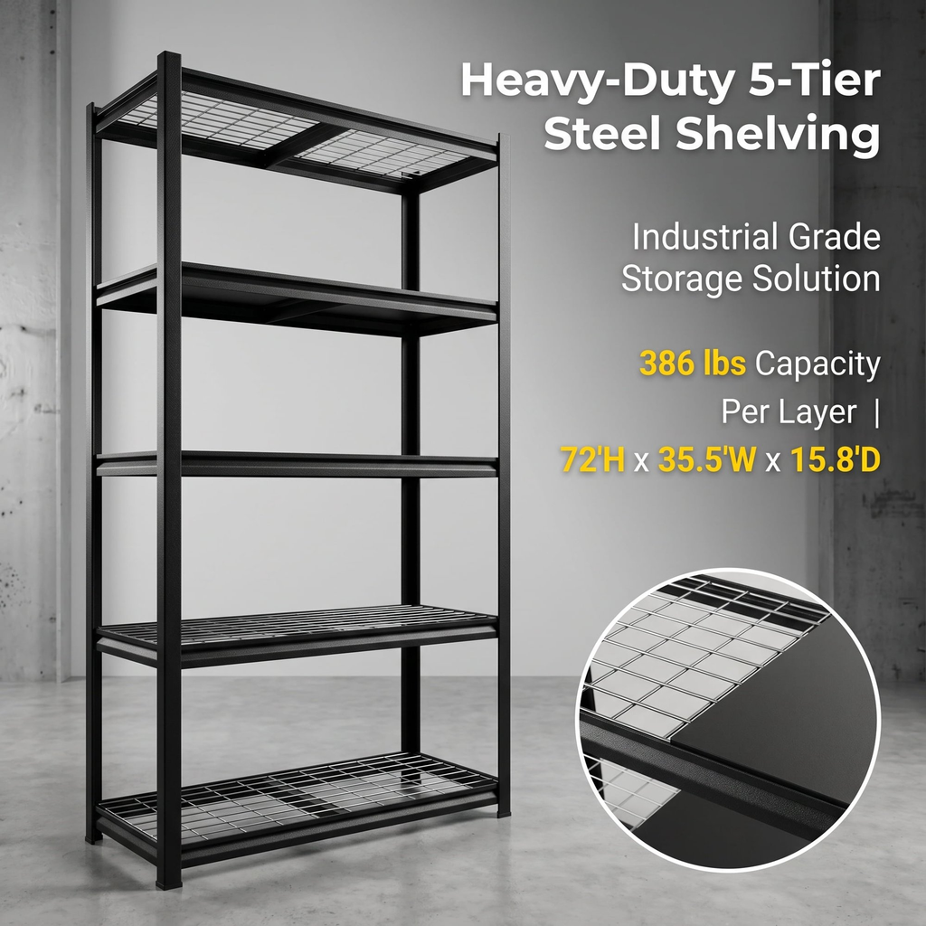 ZEUKMXOO 5-Tier Heavy Duty Garage Shelving, 72"Hx35.5"Wx15.8"D Adjustable Metal Wire Industrial Rack, Black Powder Coated Steel Storage Shelves for Warehouse Basement Pantry