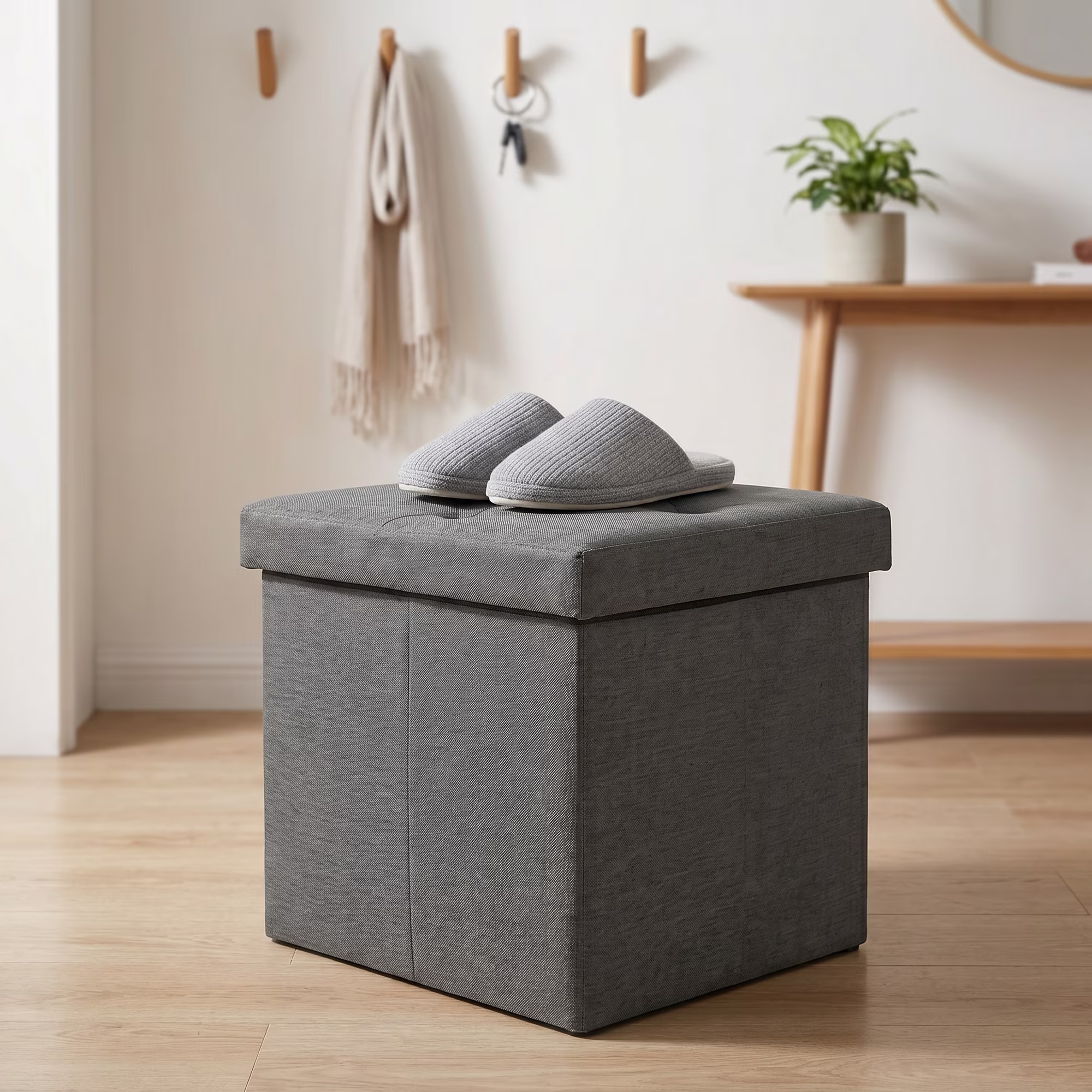 ZEUKMXOO 15" Small Storage Ottoman with Storage, Grey Ottoman Bench for Living Room, Bedroom, Entryway Space-Saving Ottomans with Storage Cube, Upholstered Foot Stool with Storage